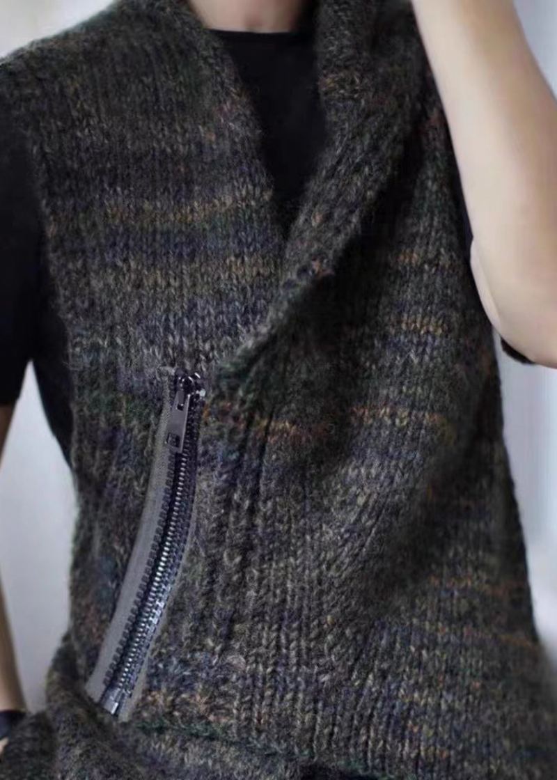 Nouveau Gilet Asymétrique Gris Foncé En Tricot De Coton À Fermeture Éclair Sans Manches - Cardigans femmes