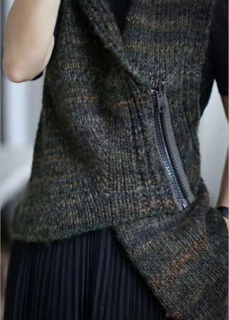 Nouveau Gilet Asymétrique Gris Foncé En Tricot De Coton À Fermeture Éclair Sans Manches - Cardigans femmes