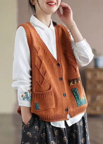 Nouveau Orange Col En V Bouton Poches Coton Tricot Gilet Sans Manches