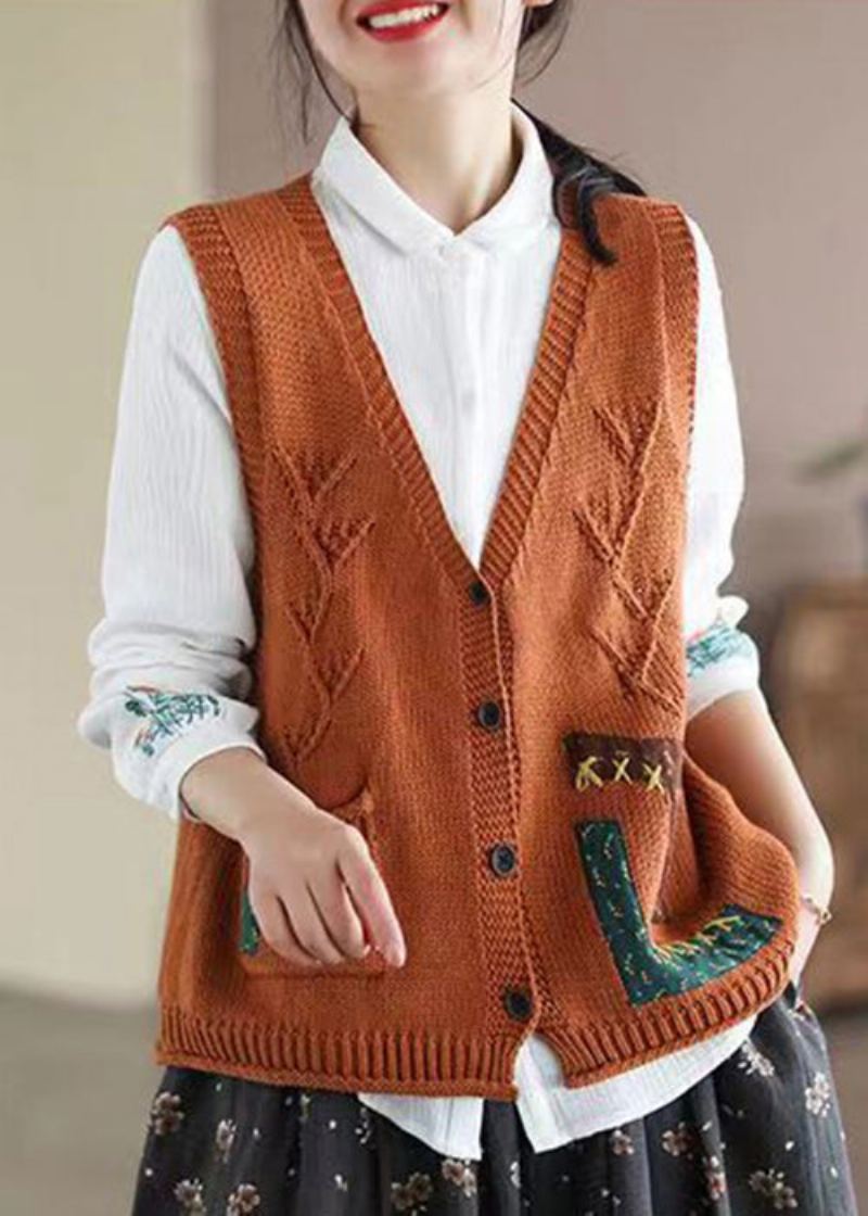 Nouveau Orange Col En V Bouton Poches Coton Tricot Gilet Sans Manches - Cardigans femmes