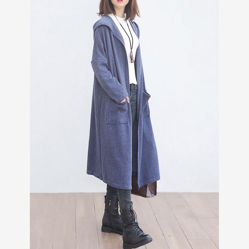 Nouveau Pardessus En Laine Bleu Vêtements Grande Taille Grandes Poches Trench Coat À Capuche - Bleu