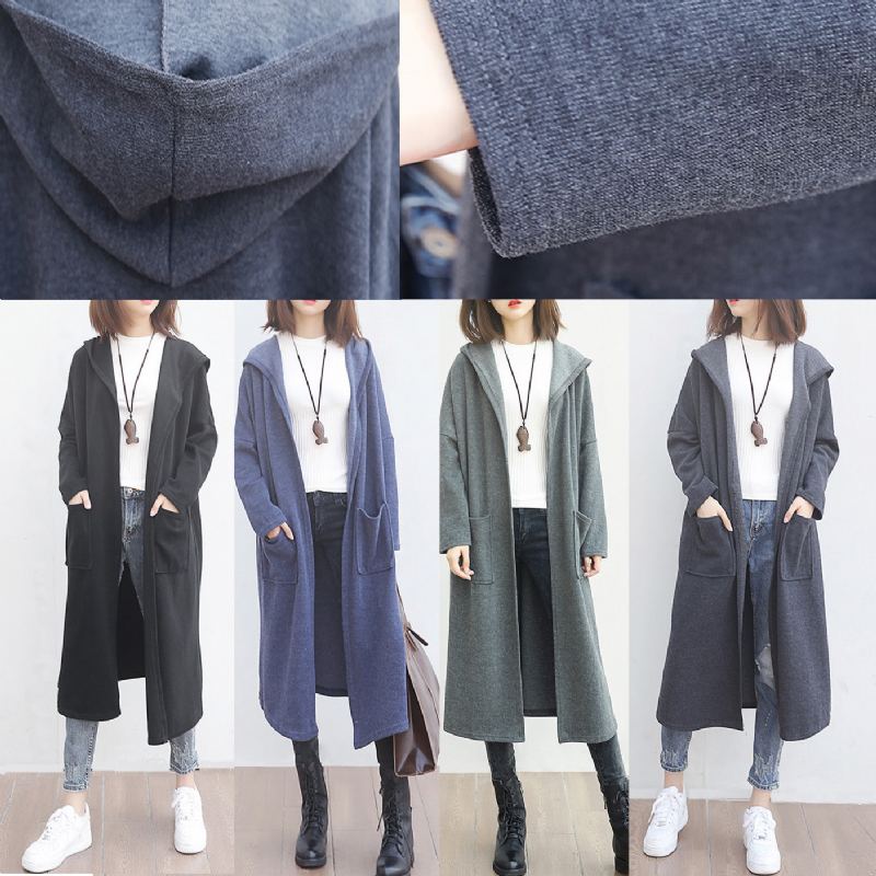 Nouveau Pardessus En Laine Bleu Vêtements Grande Taille Grandes Poches Trench Coat À Capuche - Bleu