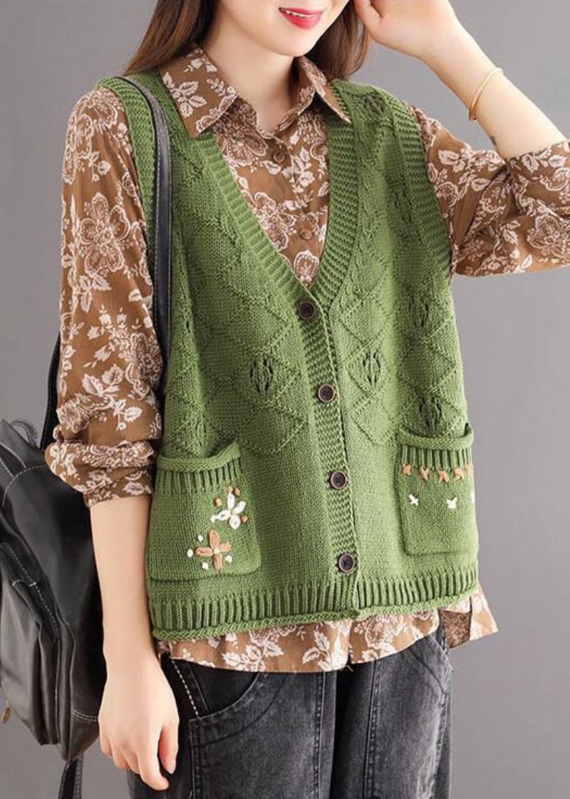 Nouveau Vert Poches Brodées Patchwork Coton Tricot Gilet Sans Manches