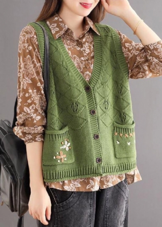 Nouveau Vert Poches Brodées Patchwork Coton Tricot Gilet Sans Manches