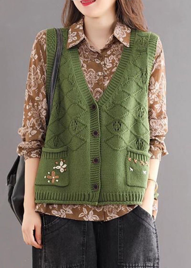 Nouveau Vert Poches Brodées Patchwork Coton Tricot Gilet Sans Manches - Cardigans femmes