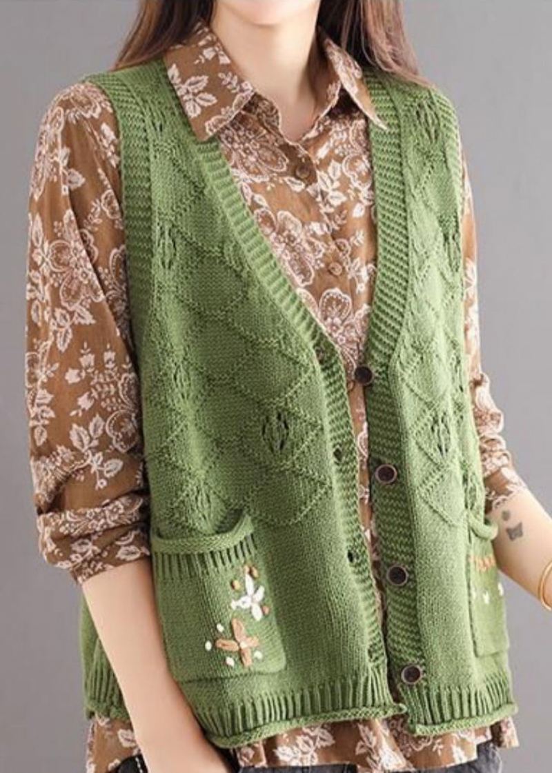 Nouveau Vert Poches Brodées Patchwork Coton Tricot Gilet Sans Manches - Cardigans femmes