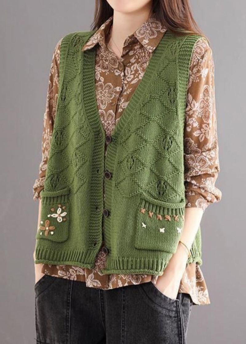 Nouveau Vert Poches Brodées Patchwork Coton Tricot Gilet Sans Manches - Cardigans femmes