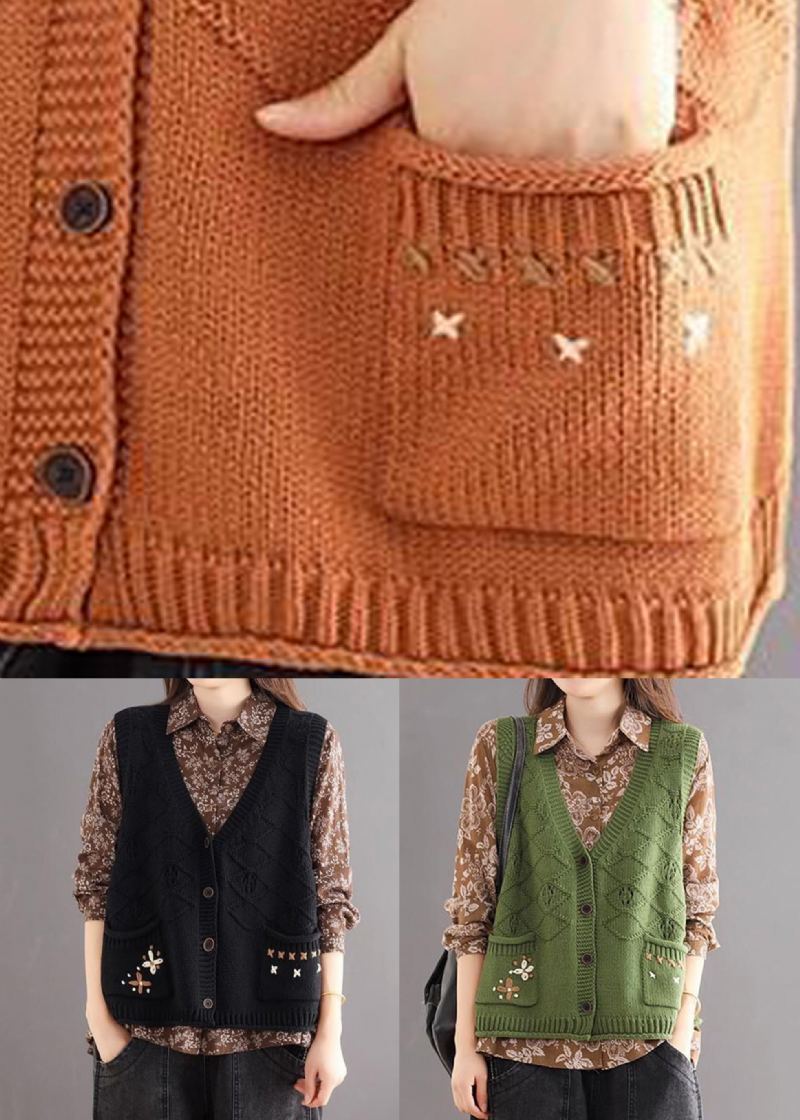 Nouveau Vert Poches Brodées Patchwork Coton Tricot Gilet Sans Manches - Cardigans femmes