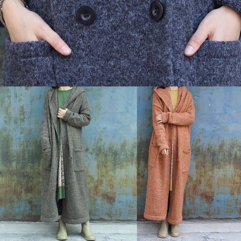 Nouvelle Armée Vert Vêtements D'extérieur En Laine Grande Taille Double Poitrine Manteau Maxi Vestes À Capuche - Cardigans femmes