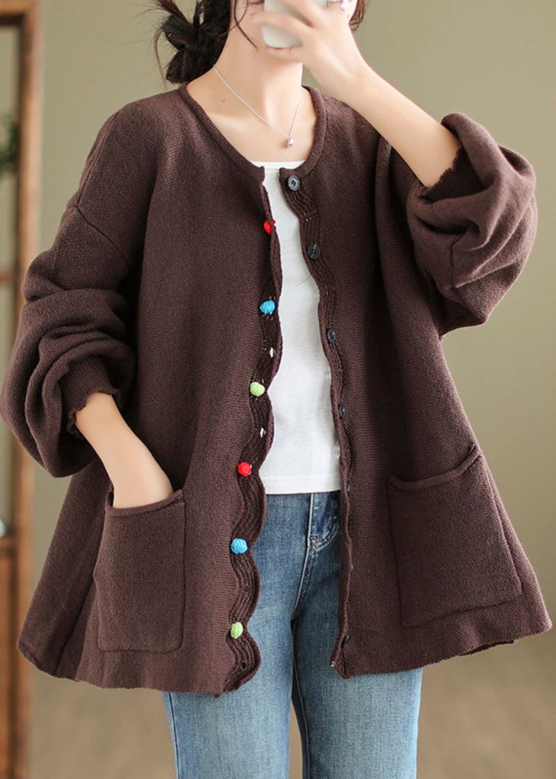 Poches De Café Patchwork Manteaux En Tricot Confortables Col Rond Automne - Cardigans femmes