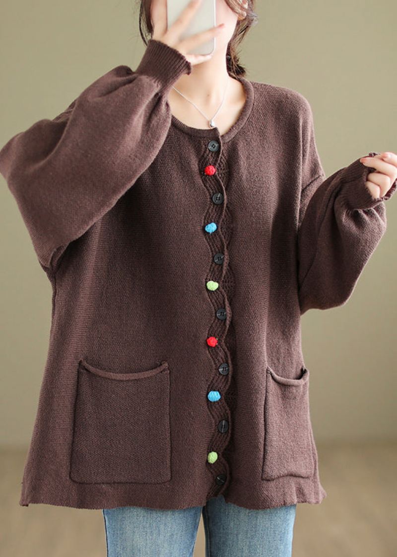 Poches De Café Patchwork Manteaux En Tricot Confortables Col Rond Automne - Cardigans femmes