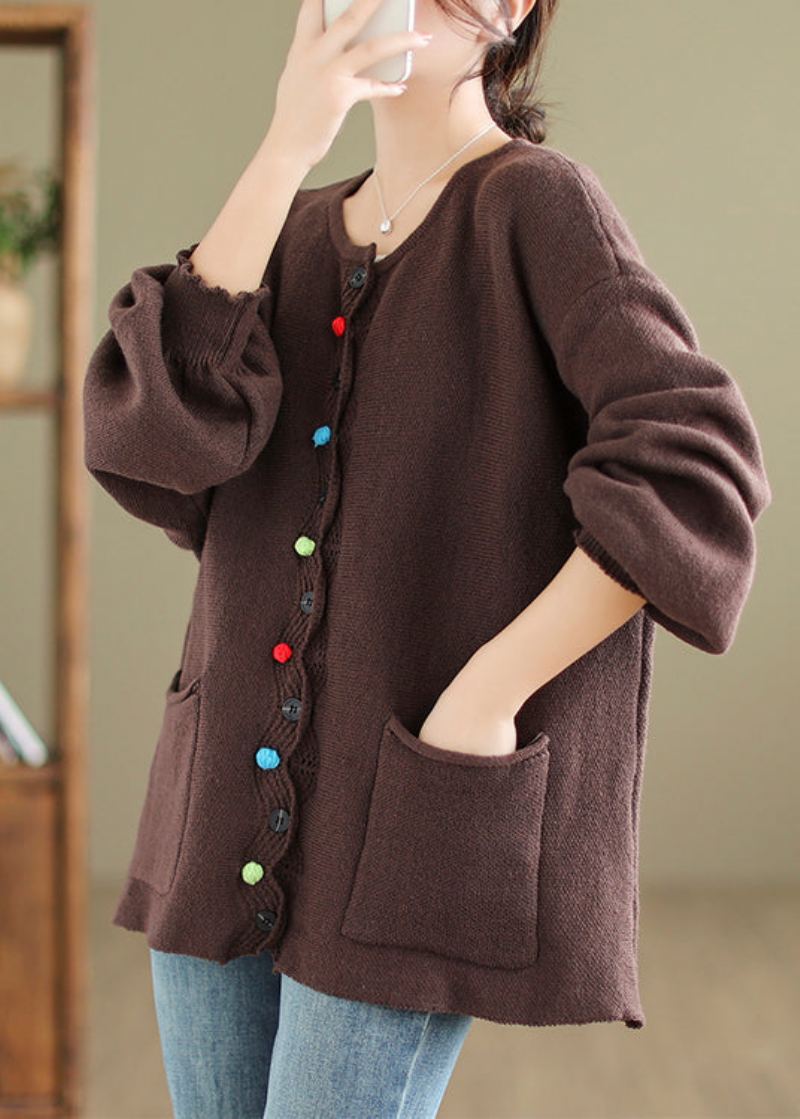 Poches De Café Patchwork Manteaux En Tricot Confortables Col Rond Automne - Cardigans femmes