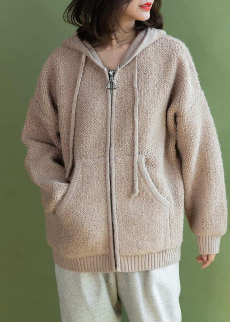 Pour Le Printemps Manteaux En Tricot Beige Manteau Tricoté À Capuche Décontracté D'hiver