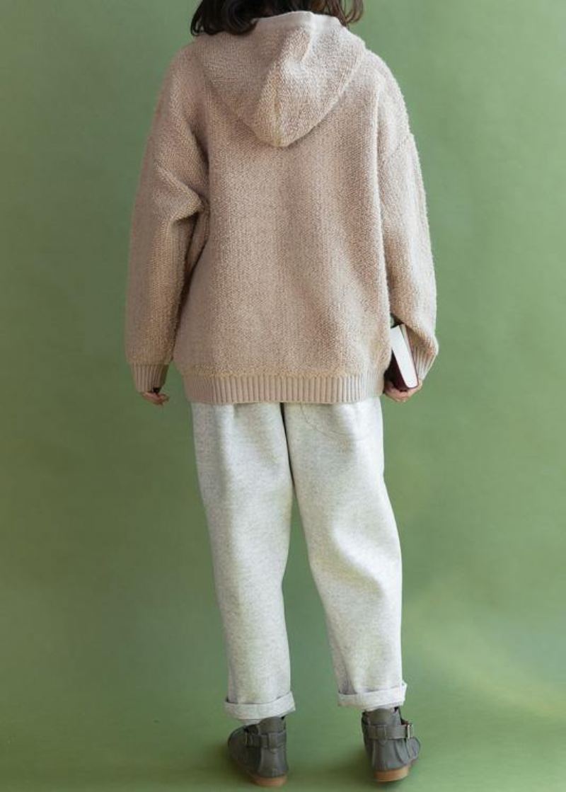 Pour Le Printemps Manteaux En Tricot Beige Manteau Tricoté À Capuche Décontracté D'hiver - Beige