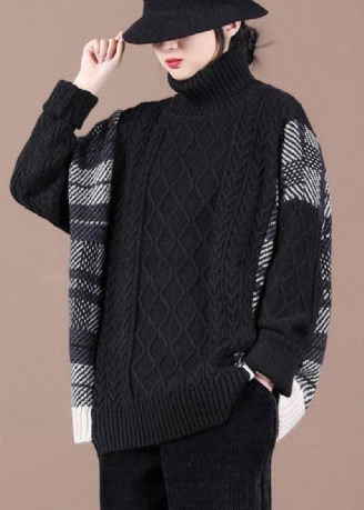 Pull Ample En Tricot D'automne Noir Patchwork