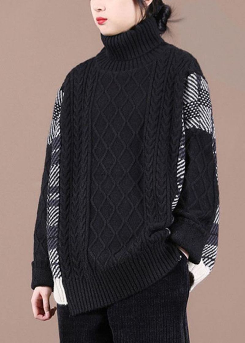 Pull Ample En Tricot D'automne Noir Patchwork - Noir