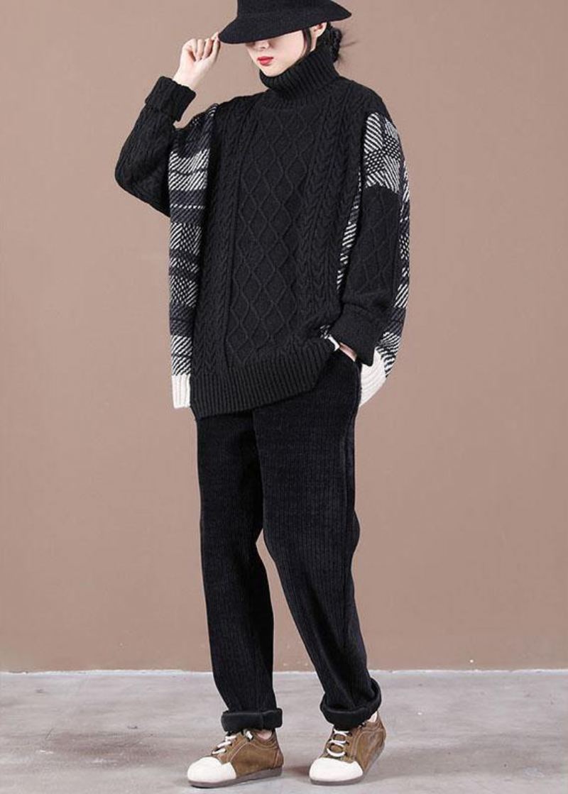 Pull Ample En Tricot D'automne Noir Patchwork - Noir