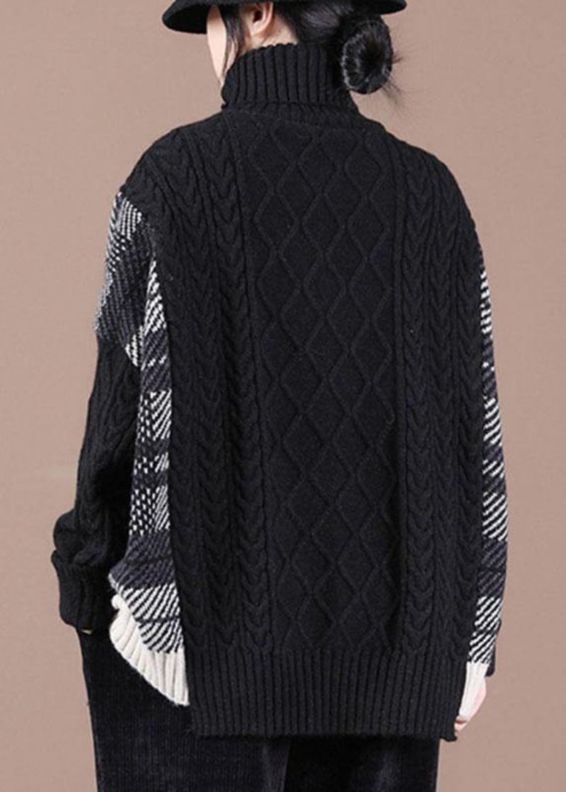 Pull Ample En Tricot D'automne Noir Patchwork - Noir