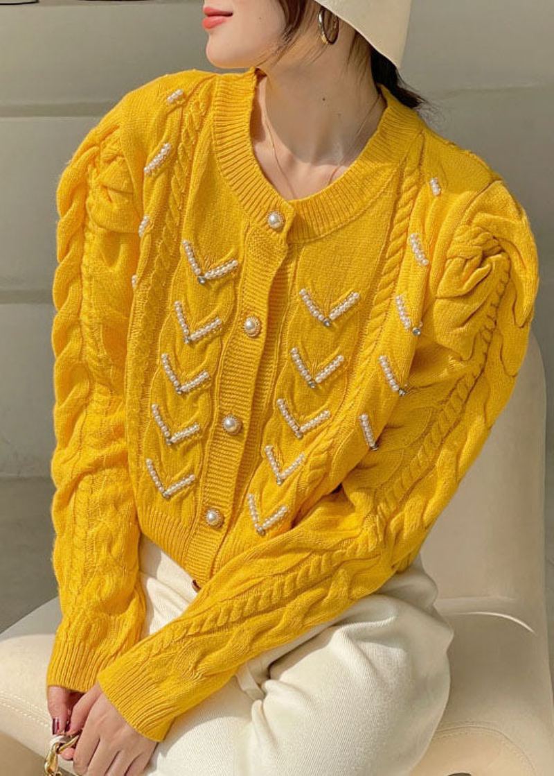 Pull Ample En Tricot Jaune À Manches Bouffantes Et Perles Manteau De Printemps