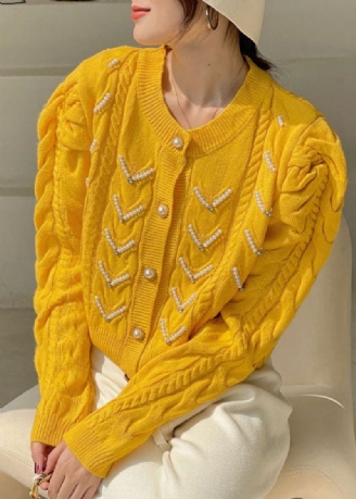 Pull Ample En Tricot Jaune À Manches Bouffantes Et Perles Manteau De Printemps