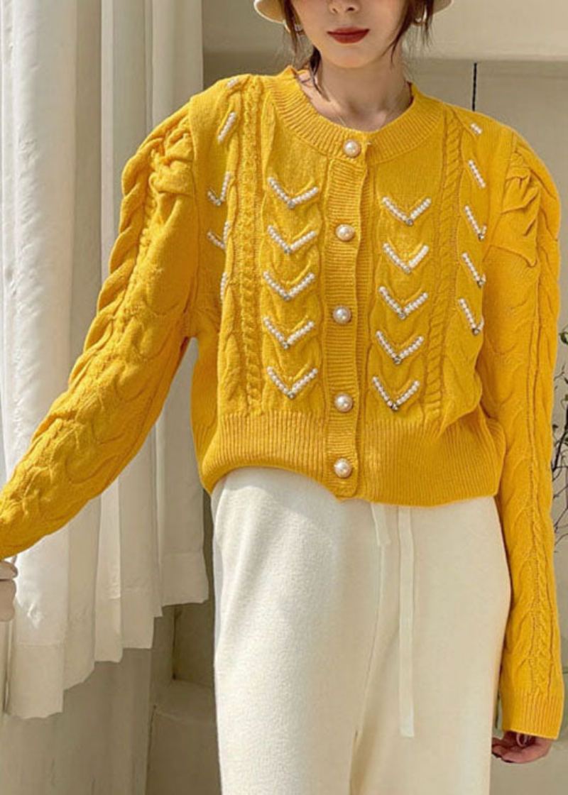 Pull Ample En Tricot Jaune À Manches Bouffantes Et Perles Manteau De Printemps - Jaune