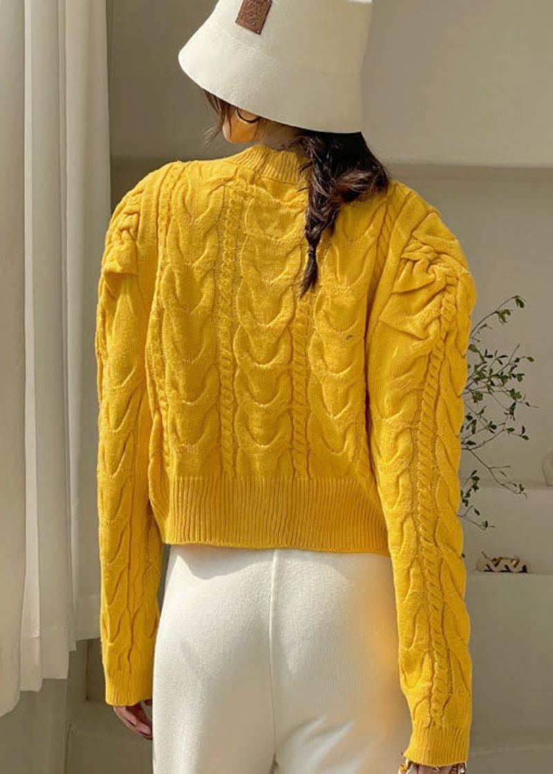 Pull Ample En Tricot Jaune À Manches Bouffantes Et Perles Manteau De Printemps - Jaune