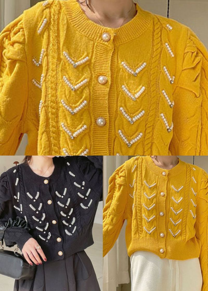 Pull Ample En Tricot Jaune À Manches Bouffantes Et Perles Manteau De Printemps - Jaune