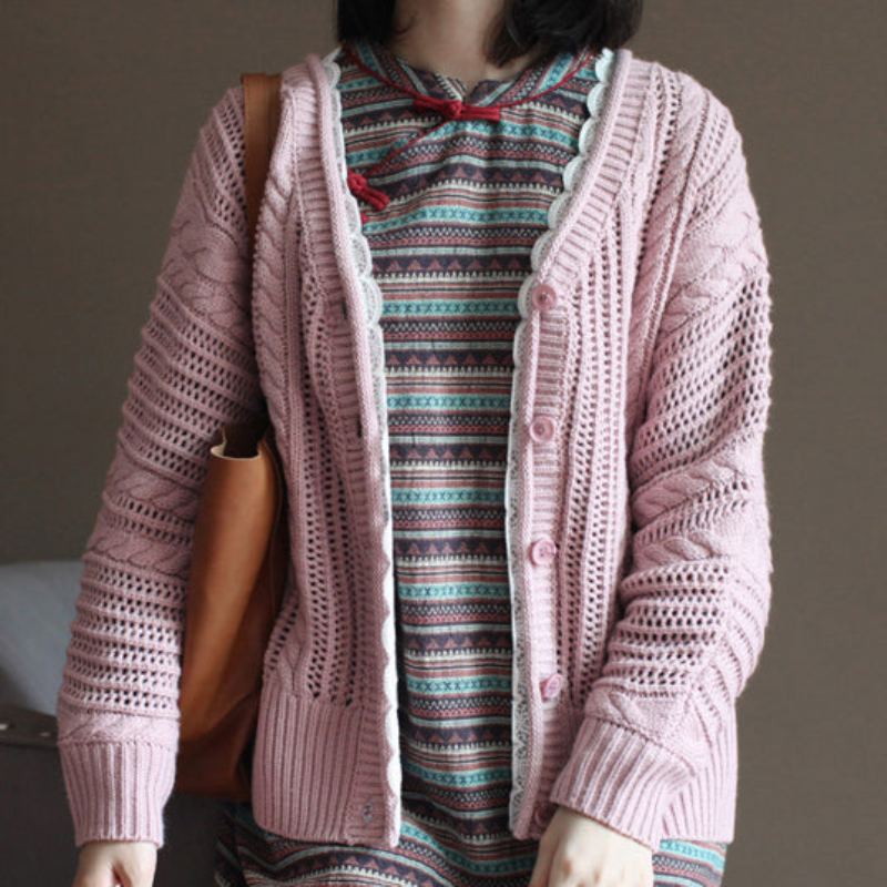 Pull En Coton Vintage Rose Hauts Amples Et Décontractés En Dentelle Cardigan En Tricot Épais