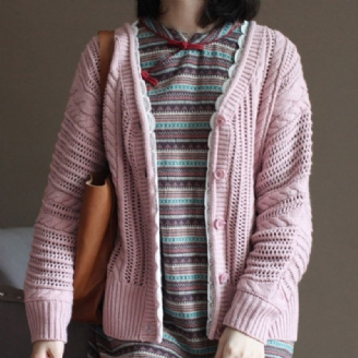 Pull En Coton Vintage Rose Hauts Amples Et Décontractés En Dentelle Cardigan En Tricot Épais