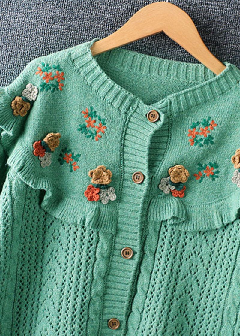 Pull En Tricot D'automne À Boutons Brodés À Volants Amples Verts Fins - Cardigans femmes