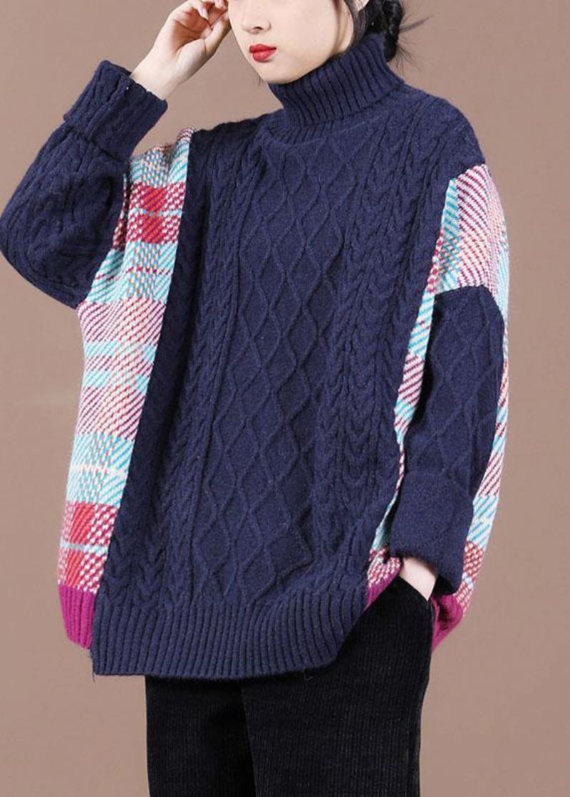 Pull En Tricot D'automne À Col Haut Et Patchwork Bleu Marine Fin