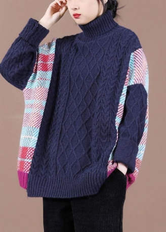 Pull En Tricot D'automne À Col Haut Et Patchwork Bleu Marine Fin