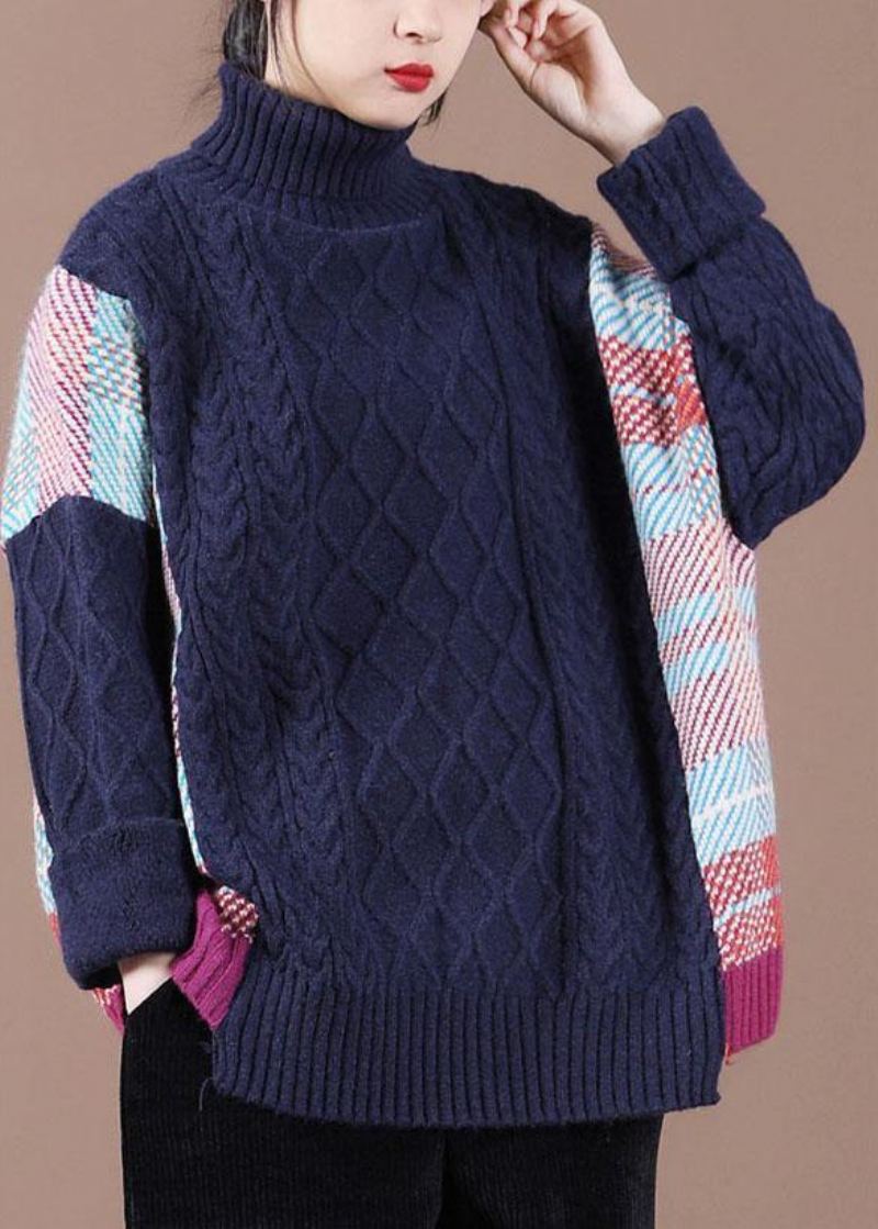 Pull En Tricot D'automne À Col Haut Et Patchwork Bleu Marine Fin - Noir