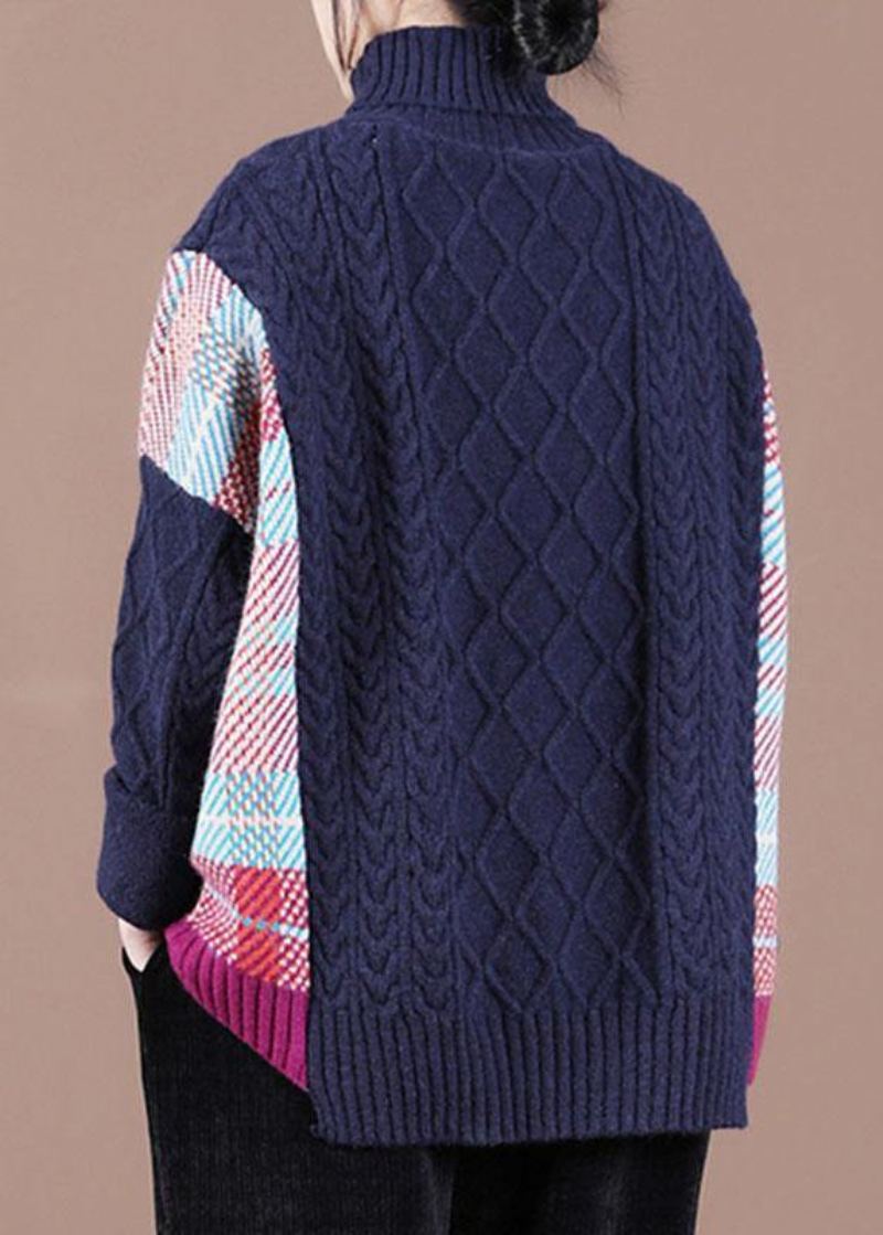 Pull En Tricot D'automne À Col Haut Et Patchwork Bleu Marine Fin - Noir