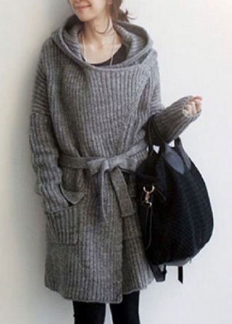 Pull En Tricot Gris Naturel Avec Poches À Capuche Long Manteau D'hiver