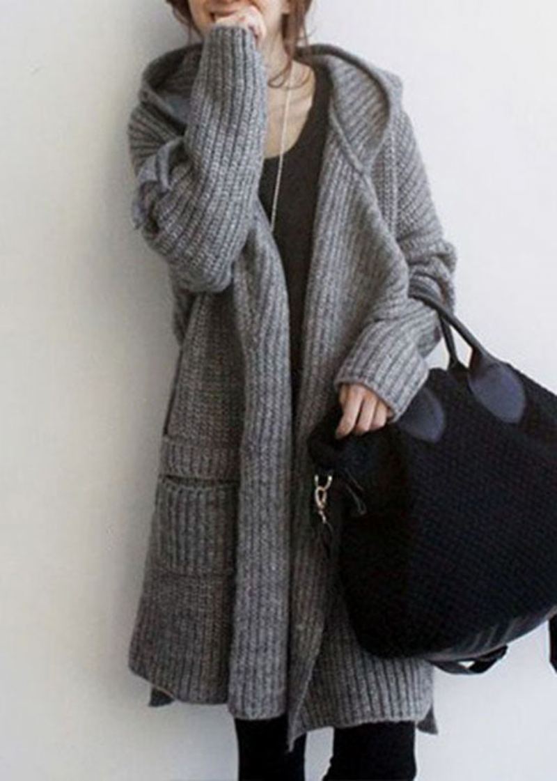 Pull En Tricot Gris Naturel Avec Poches À Capuche Long Manteau D'hiver - Cardigans femmes