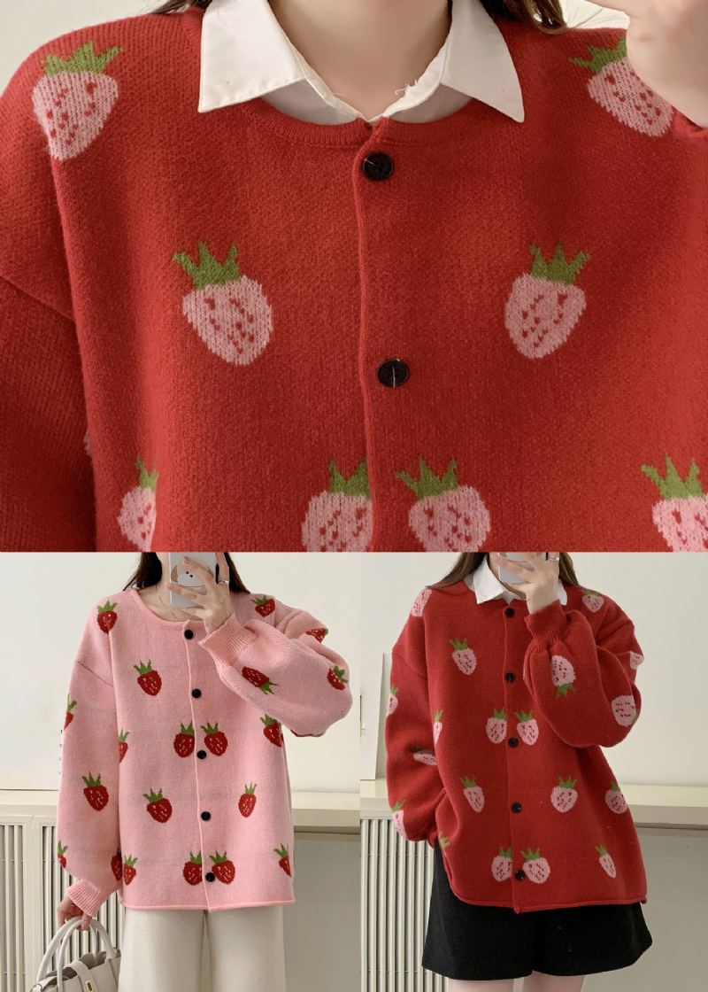 Pulls Décontractés En Tricot De Coton À Fleurs De Fraises Roses Manteaux D'automne - Rose