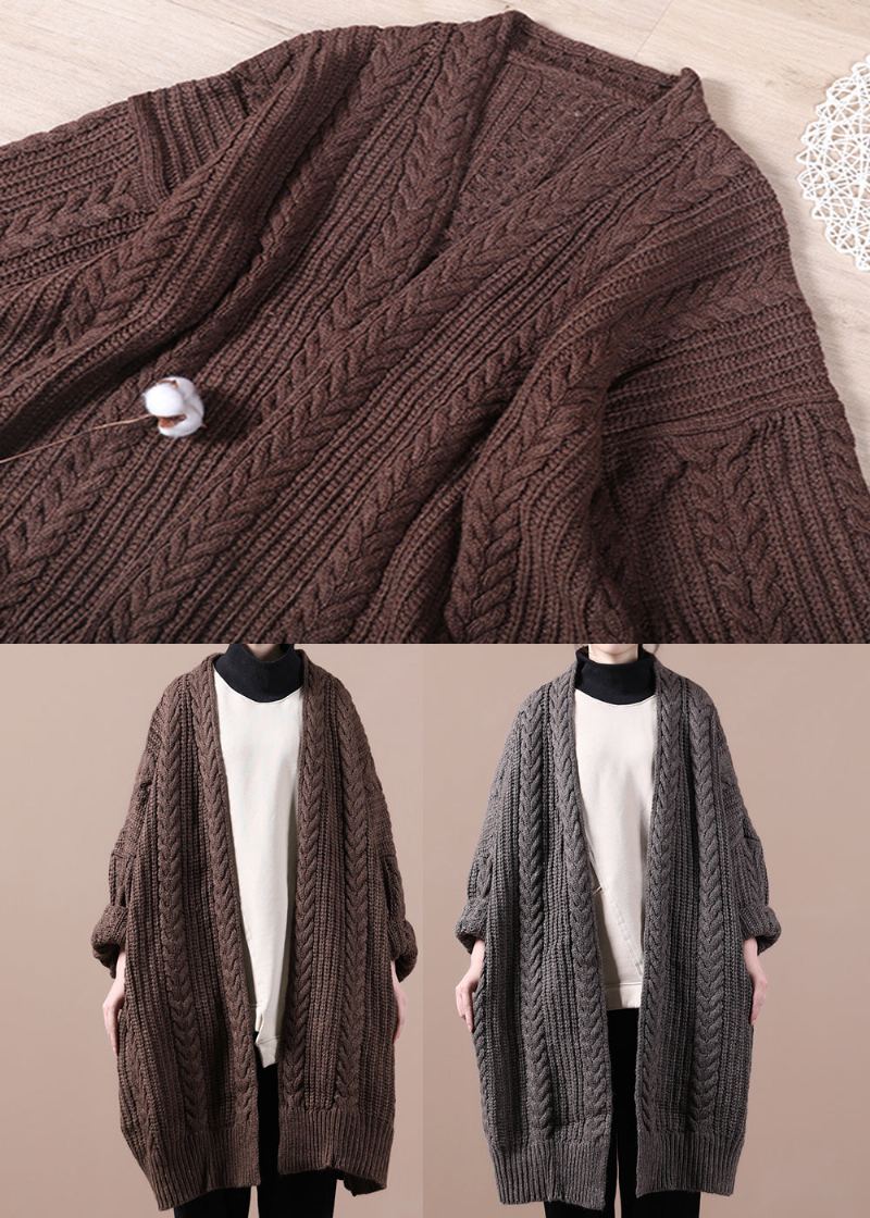 Pulls En Tricot Torsadé À Col En V Chocolat Manteaux D'hiver - Café