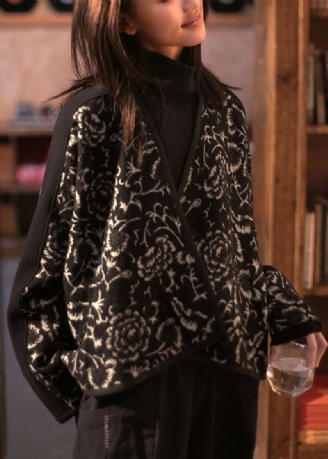 Rétro Noir Col En V Jacquard Patchwork Laine Manteau Court Hiver