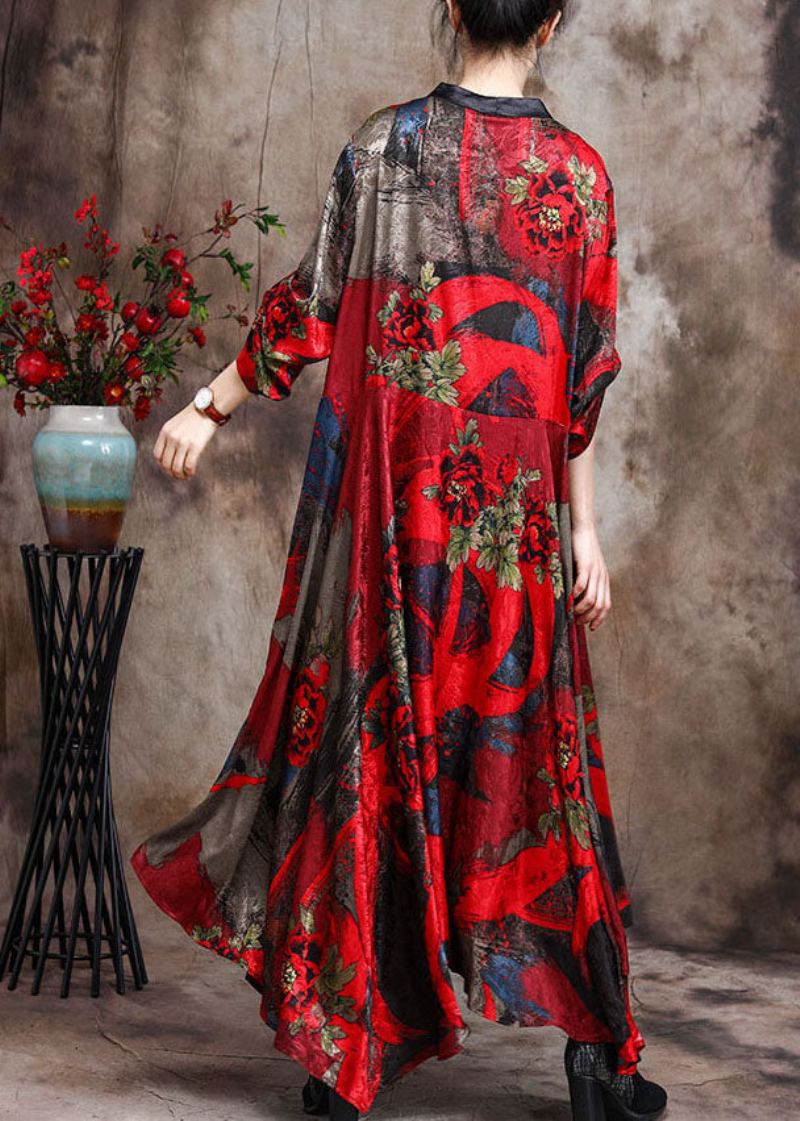 Robe D'automne Patchwork Imprimé Rétro Rouge De Grande Taille - Rouge