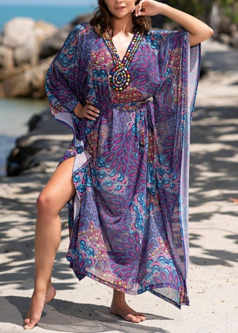 Robe De Plage Ajustée À Col En V Imprimé Violet Tenue De Vacances Été