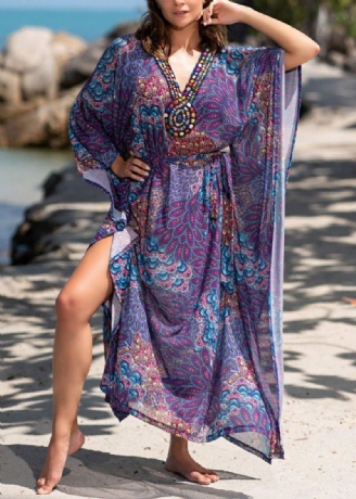 Robe De Plage Ajustée À Col En V Imprimé Violet Tenue De Vacances Été