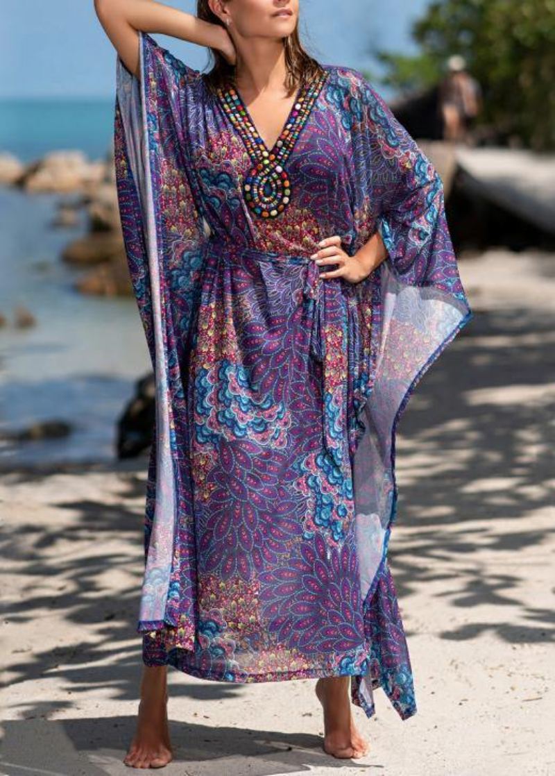 Robe De Plage Ajustée À Col En V Imprimé Violet Tenue De Vacances Été - Cardigans femmes