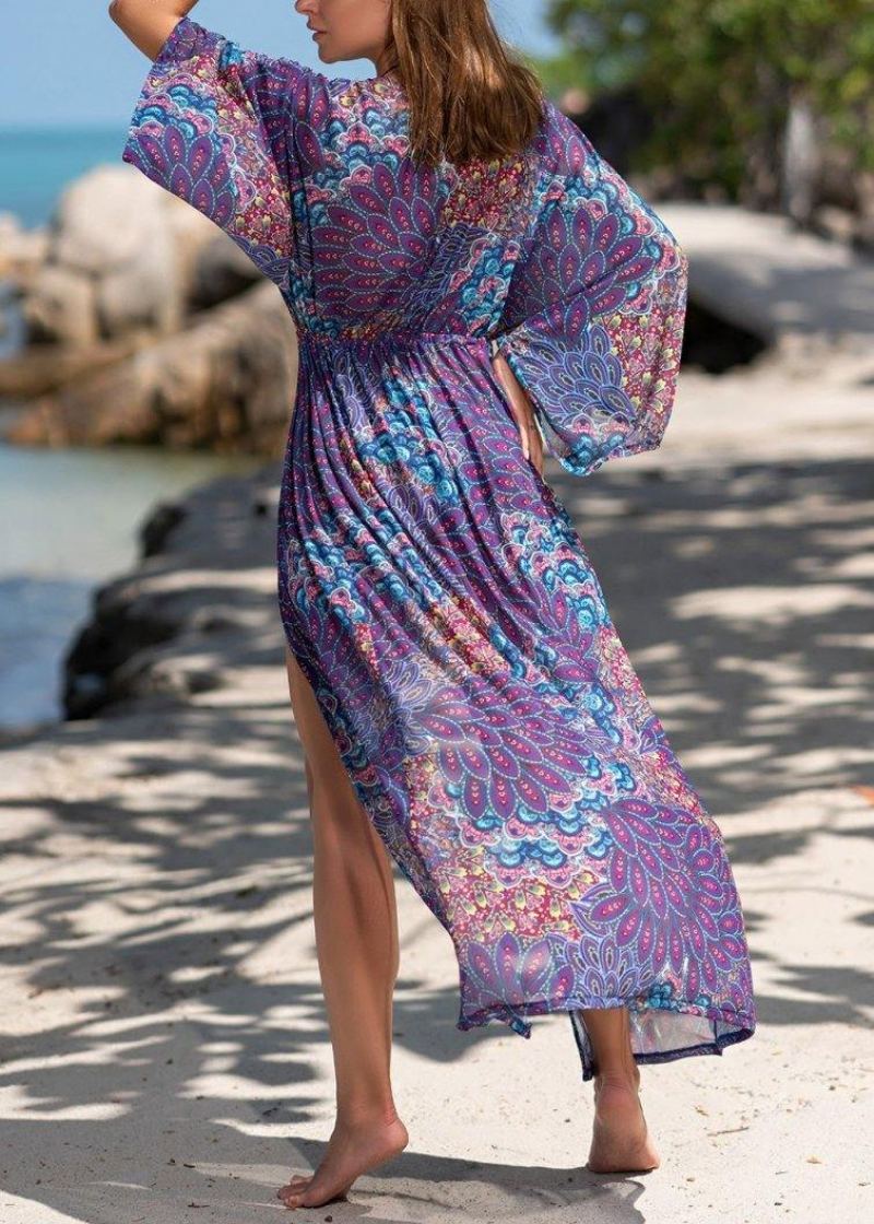 Robe De Plage Ajustée À Col En V Imprimé Violet Tenue De Vacances Été - Cardigans femmes