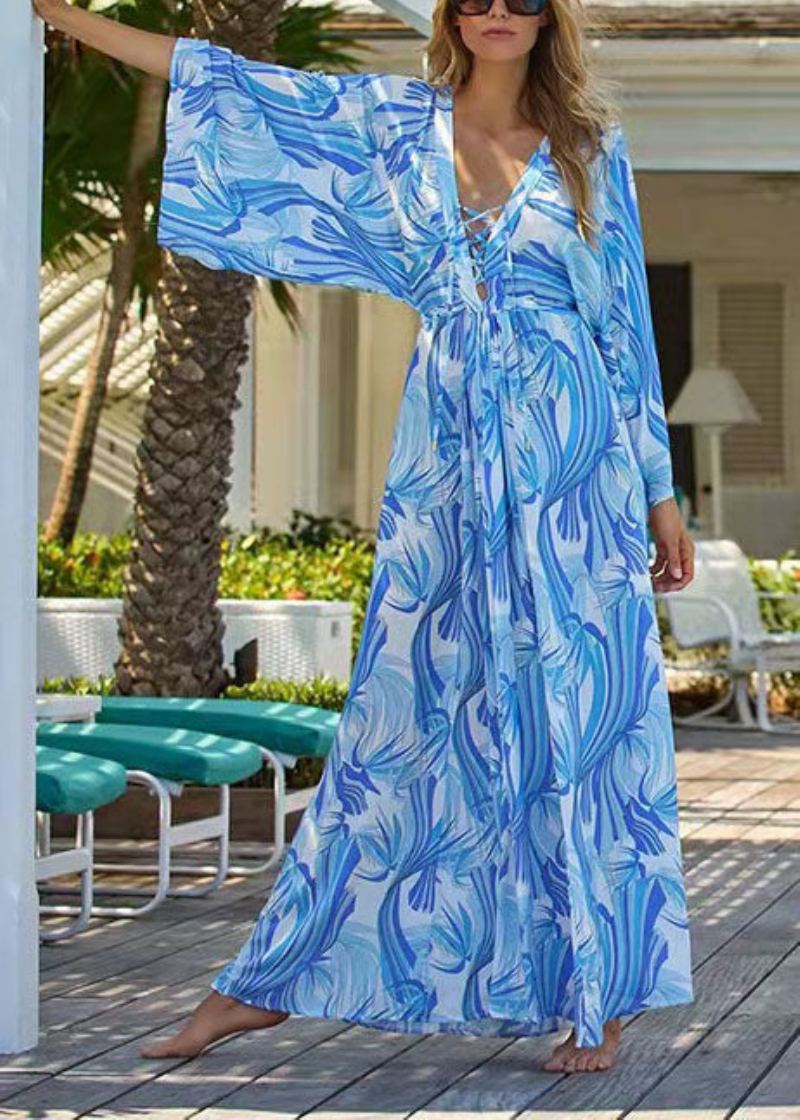 Robes Kimono Élégantes En Mousseline De Soie Imprimée Bleue À Nouer À La Taille