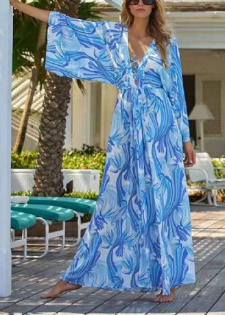 Robes Kimono Élégantes En Mousseline De Soie Imprimée Bleue À Nouer À La Taille