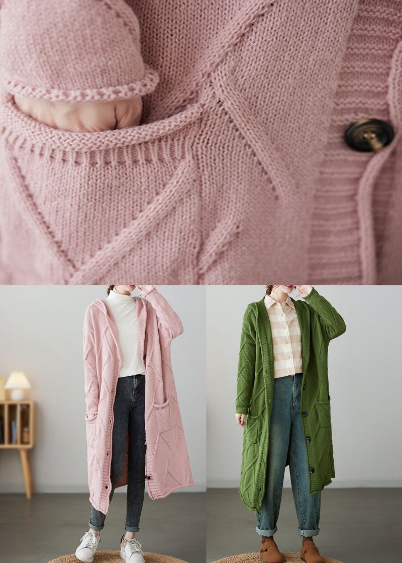 Rose Poches Bouton Patchwork Lâche Tricot Cardigan À Capuche Automne - Cardigans femmes