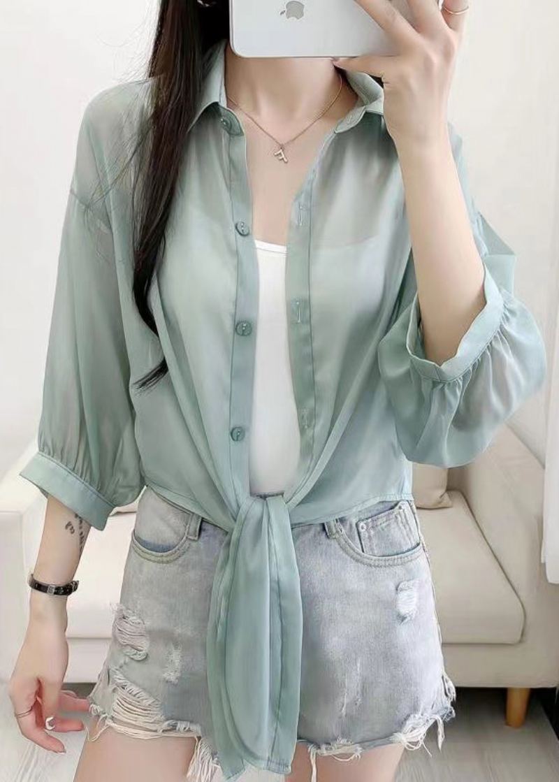 Simple Vert Col Claudine Coton Chemise Cardigans Été