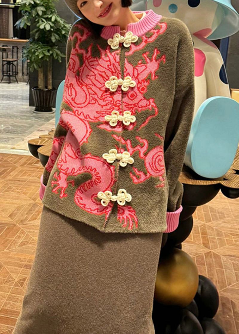 Style Chinois Dragon Jacquard Oriental Bouton Tricot Cardigan Printemps - Cardigans femmes