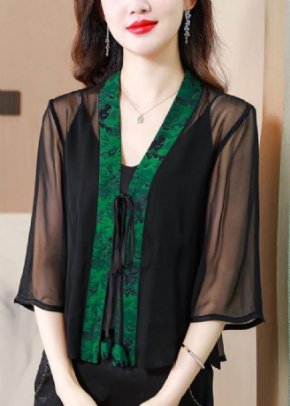 Style Chinois Vert Col En V À Lacets Patchwork Soie Cardigan Été